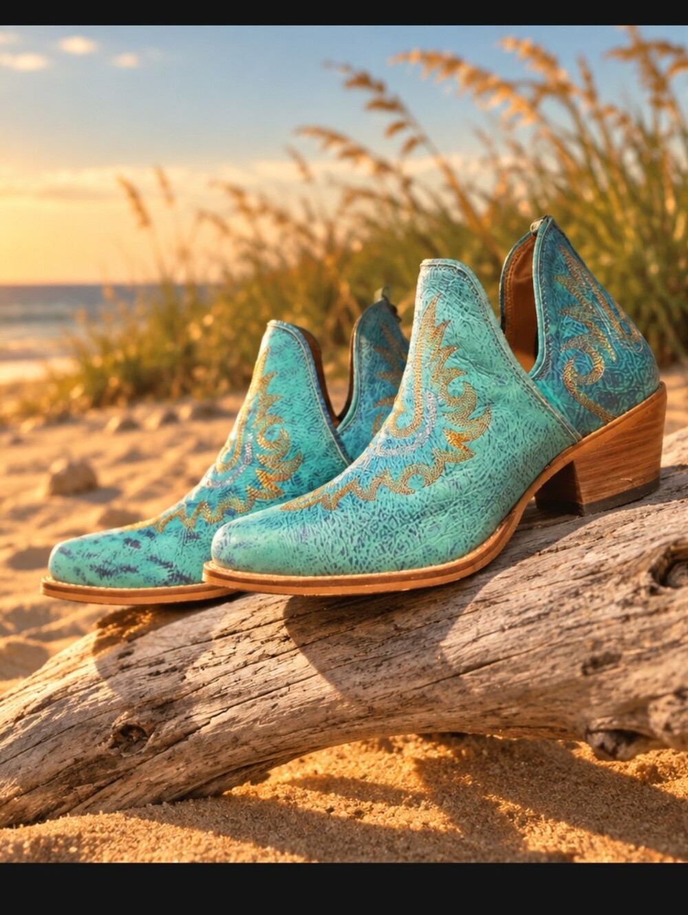 MYRA Tempest Embroidered Cowgirl Booties in Turquoise